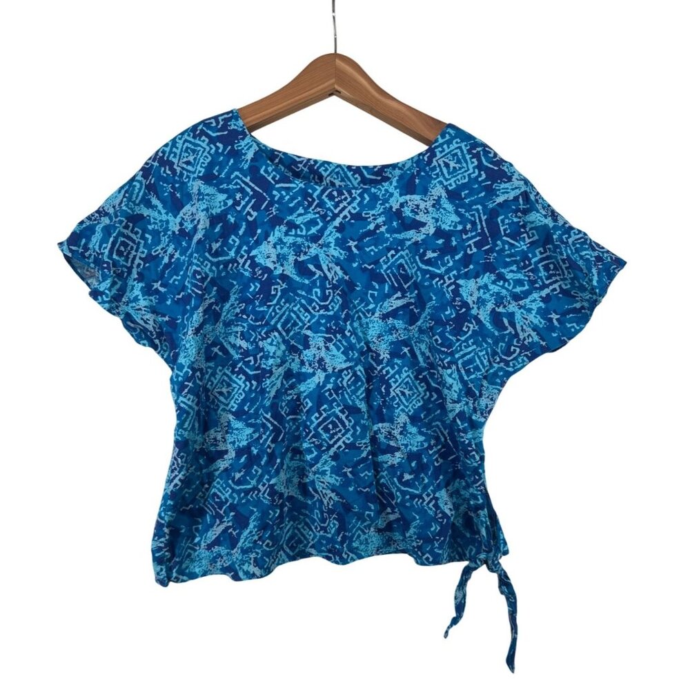 Vintage Hilo Hattie Womens Top L Blue Hawaiian Cropped Tie-Waist Aloha Tropical